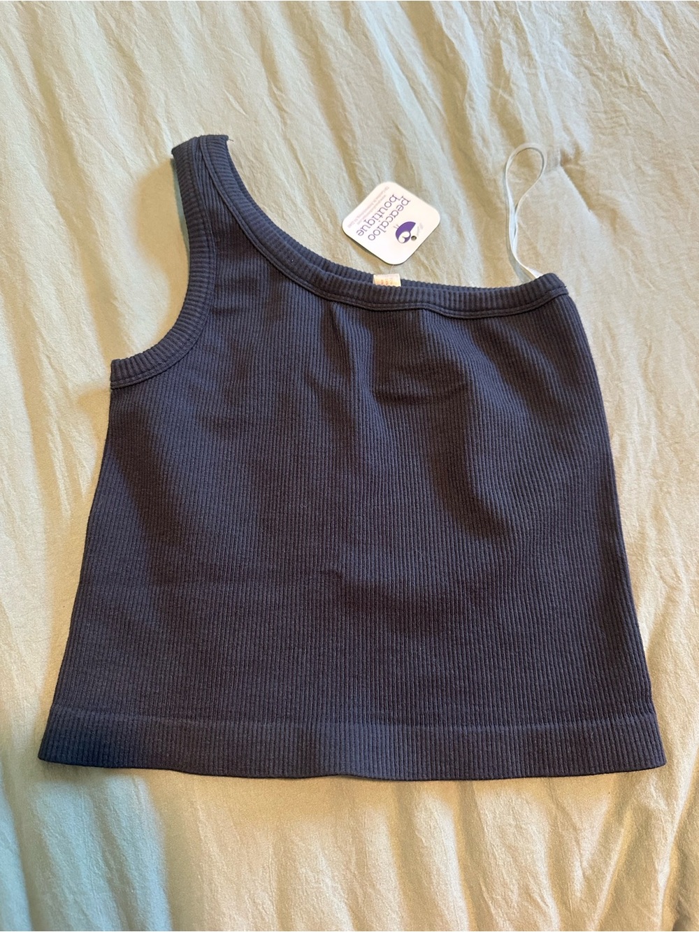 Asymmetric Ribbed One-Shoulder Tank Top - Navy